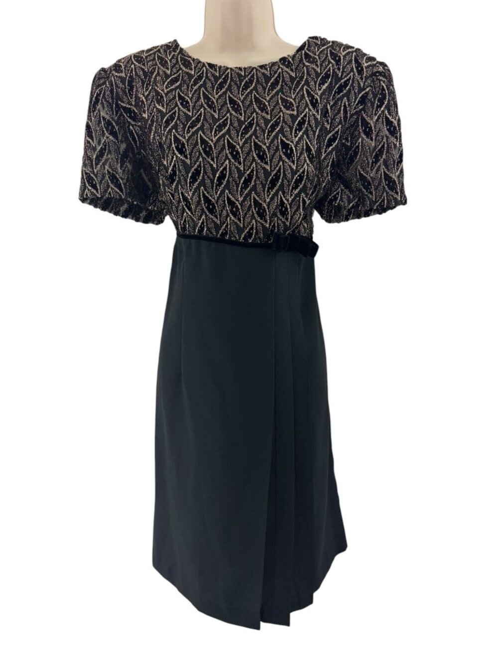 Vintage Black Gold Metallic Shimmer Short Sleeve Dress Size 14 Evening Wedding